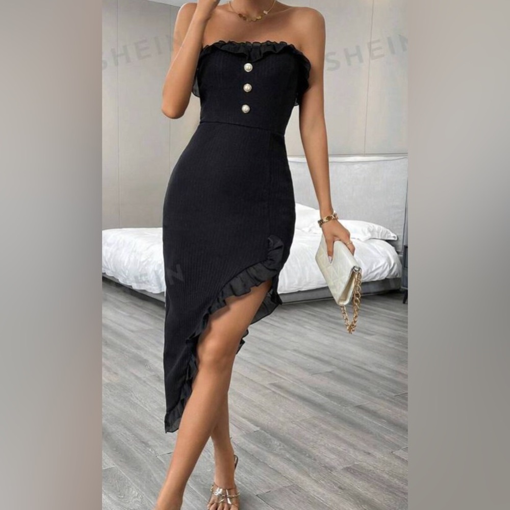 NEW Ruffle Trim Button Front Black Strapless Dress
